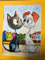 Aquarel Schilderij Kat en Hond, Ophalen of Verzenden