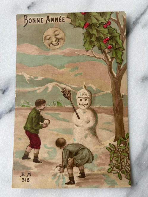 Wo1: ak bonne annee kerst sneeuwpop pickelhaube spot, Verzamelen, Militaria | Algemeen, Landmacht, Nederland, Ophalen of Verzenden