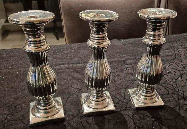 Zilverkleurige Kandelaars - Set van 3, Huis en Inrichting, Woonaccessoires | Kandelaars en Kaarsen, Zo goed als nieuw, Kandelaar