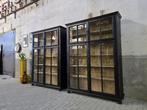 XL Vintage Houten Vitrinekast Zwart | Grote Vitrine Kast 2, Antiek Retro Vintage Brocante Landelijk, 200 cm of meer, 150 tot 200 cm