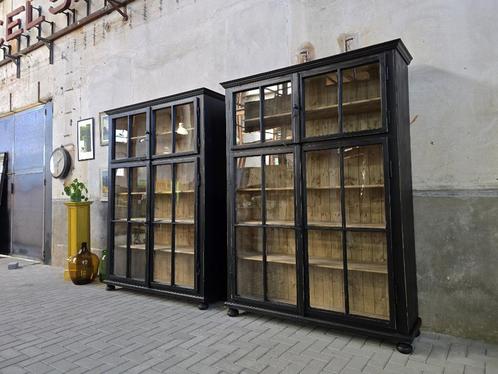 XL Vintage Houten Vitrinekast Zwart | Grote Vitrine Kast 2, Huis en Inrichting, Kasten | Vitrinekasten, Gebruikt, 200 cm of meer