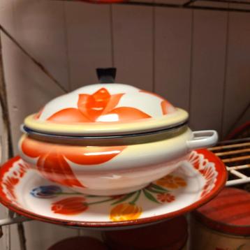 Vintage Emaille Pan met Deksel - 24cm beschikbaar voor biedingen