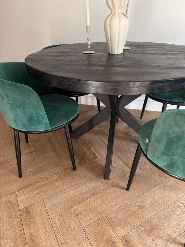 Zwarte MangoHout Eettafel + Salontafels +Eichholtz stoelen, Huis en Inrichting, Tafels | Eettafels, Gebruikt, 50 tot 100 cm, Rond