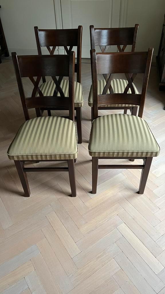Stoelen eetkamer vier st., Huis en Inrichting, Stoelen, Gebruikt, Vier, Hout, Stof, Bruin, Ophalen