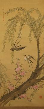 Zwaluwen onder een bonte wilg - rolschildering Japan, Antiek en Kunst, Ophalen of Verzenden