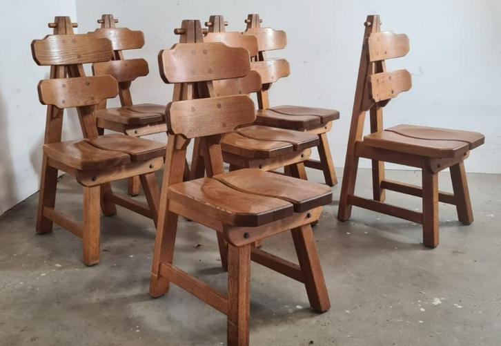 Brutalist eetkamerstoelen, Huis en Inrichting, Stoelen, Gebruikt, Vier, Hout, Bruin, Ophalen
