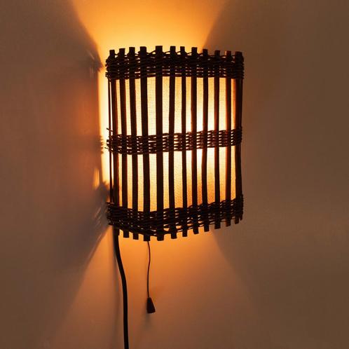 Japandi Wandlamp jaren 70 l boho wall scone rattan, Huis en Inrichting, Lampen | Wandlampen, Gebruikt, Metaal, Stof, Overige materialen