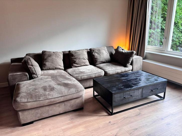 Bankstel bruin/taupe 306x185cm (Zitvlak 82cm) Suede, Huis en Inrichting, Banken | Complete zithoeken, Zo goed als nieuw, Ophalen