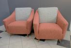 60 jaren set fauteuils opnieuw bekleed wit oud roze wol stof, Huis en Inrichting, Fauteuils, Ophalen, Hout, Gebruikt, Vintage