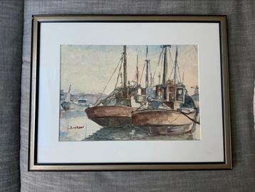 Aquarel Schilderij Jan Lucas van der Baan Haven Sleepboten beschikbaar voor biedingen
