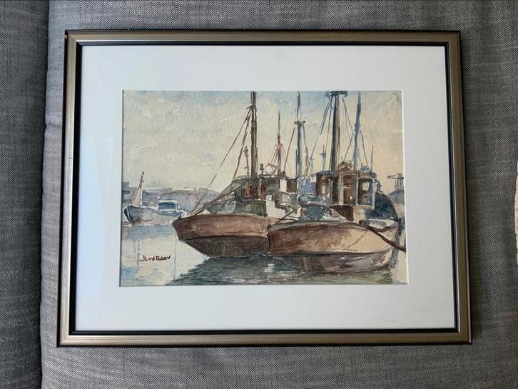 Aquarel Schilderij Jan Lucas van der Baan Haven Sleepboten, Antiek en Kunst, Kunst | Schilderijen | Klassiek, Ophalen of Verzenden