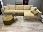 Hoekbank 3 zits met lounge in gele en beige stof 322cm breed, Ophalen, Zo goed als nieuw, Stof, Landelijk, modern
