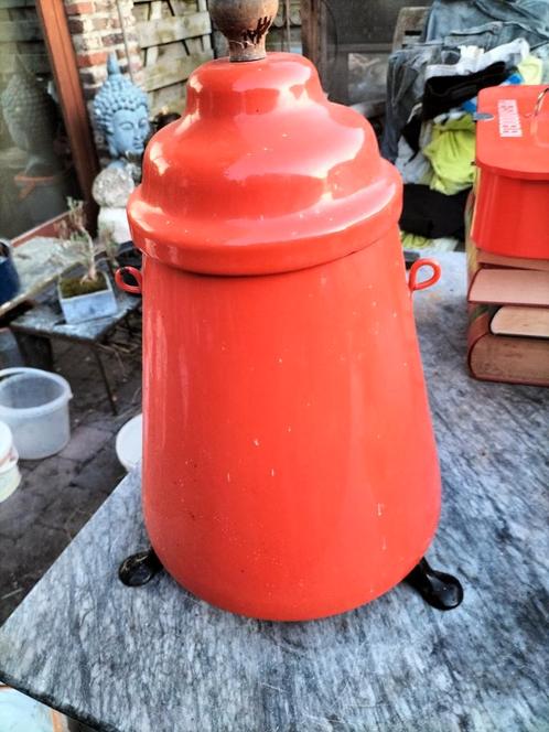 Prachtige emaille grote doofpot kolenpot kleur oranje, Antiek en Kunst, Antiek | Emaille, Ophalen