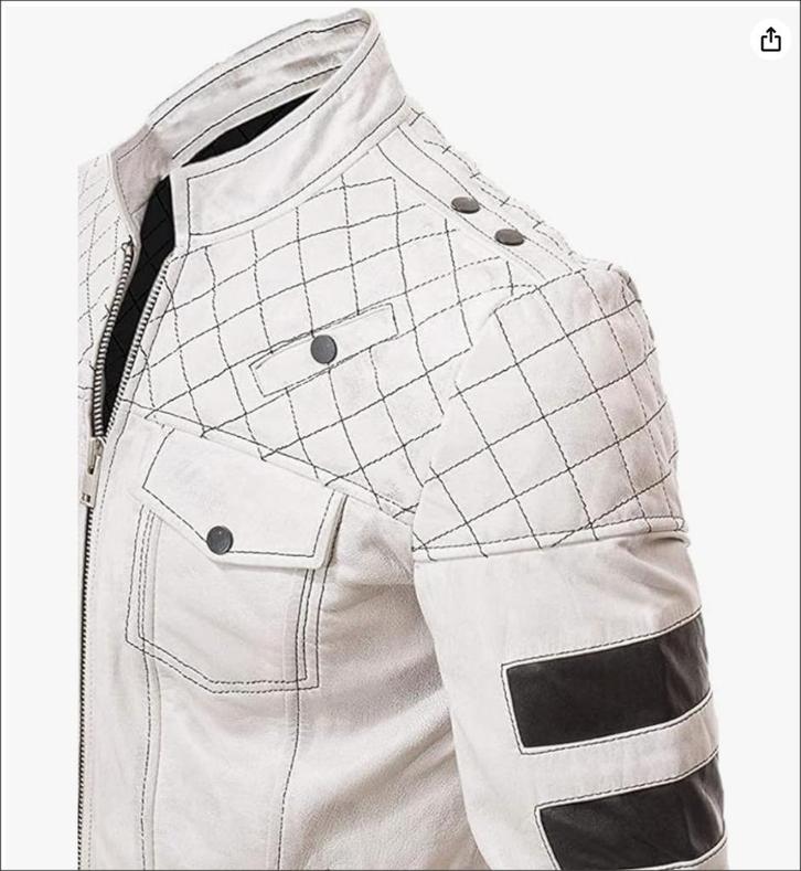 Wit stevige lederen Biker Jack - maat L, Kleding | Heren, Jassen | Winter, Nieuw, Maat 52/54 (L), Bruin, Ophalen of Verzenden