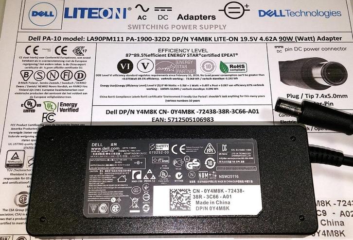 Dell PA-10 LA90PM111 19.5V 4.62A 90W Adapter Oplader 7.4x5.0, Computers en Software, Laptop-opladers, Zo goed als nieuw, Ophalen of Verzenden