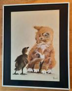 Schilderij/Krijttekening  - Katje en Eendje, Antiek en Kunst, Ophalen of Verzenden