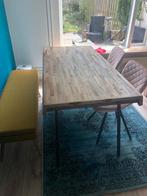 Mooie teakhouten eettafel met 2 stoelen en zitbankje, Huis en Inrichting, Tafels | Eettafels, Zo goed als nieuw, Vijf personen of meer