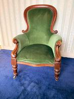 Antieke fauteuil met groene bekleding, Ophalen, Gebruikt, Minder dan 75 cm, 50 tot 75 cm