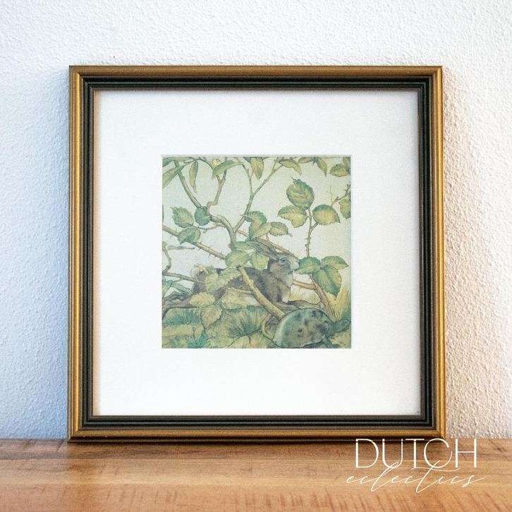 Vintage Ingelijste Print van de Schildpad & de Haas Fabel, Antiek en Kunst, Curiosa en Brocante, Ophalen of Verzenden