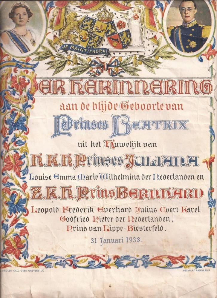 Ter Herinnering aan de blijde geboorte Prinses Beatrix 1938, Antiek en Kunst, Kunst | Etsen en Gravures, Ophalen of Verzenden