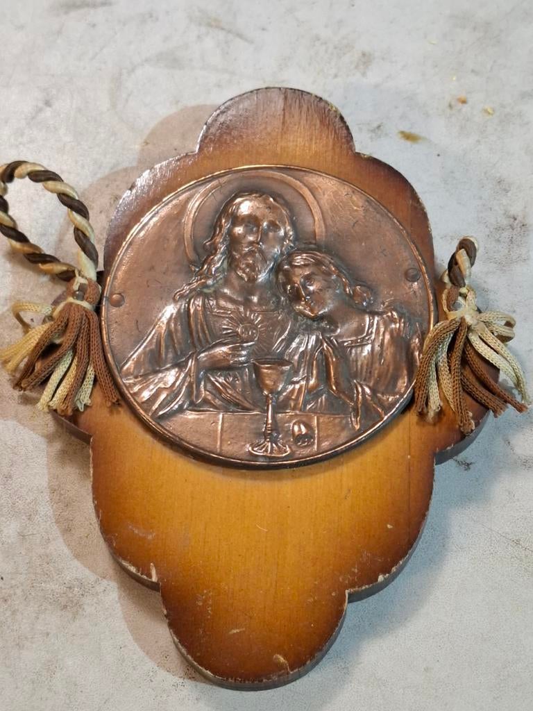 Houten plaquette met religieuze afbeelding, Ophalen of Verzenden