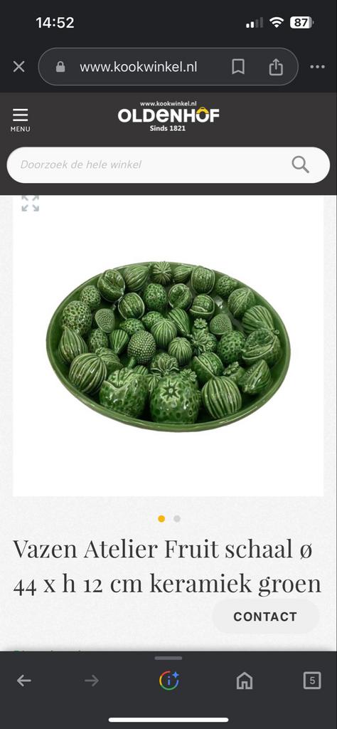 Groene schaal met fruitdecoratie, Huis en Inrichting, Woonaccessoires | Schalen en Manden, Ophalen, Gebruikt, Porselein of Keramiek