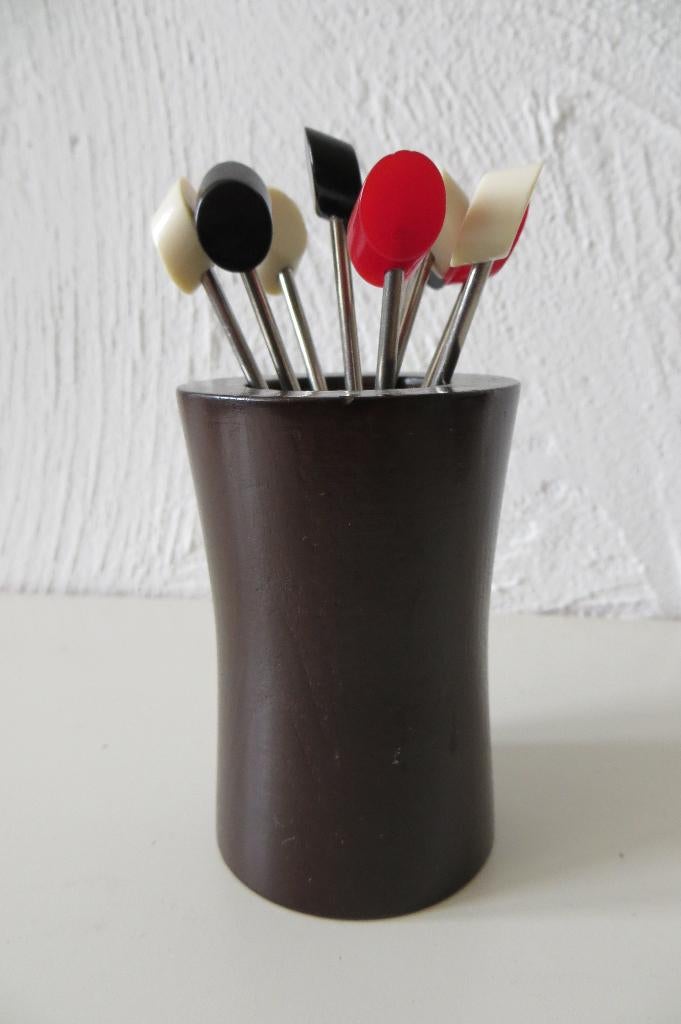 Set vintage houder en 9 cocktailvorkjes, chic fork, ideal, Verzamelen, Retro, Ophalen of Verzenden, Overige typen