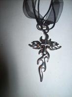 Ketting Zwart Koord Satijn band Mooie Zilvertint Hanger, Verzenden, Nieuw, Zilver, Overige materialen