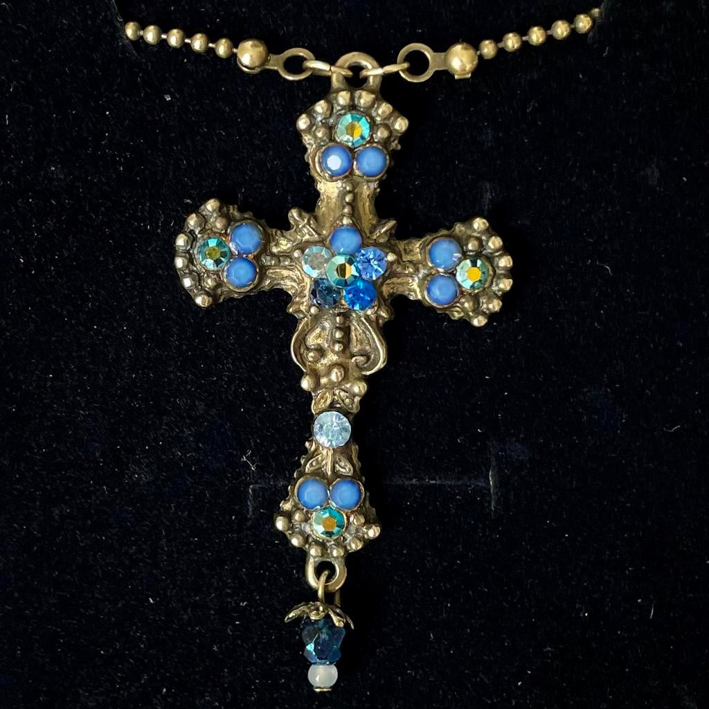 Michal Negrin swarovski kruis hanger + ketting, Overige materialen, Blauw, Ophalen of Verzenden, Zo goed als nieuw