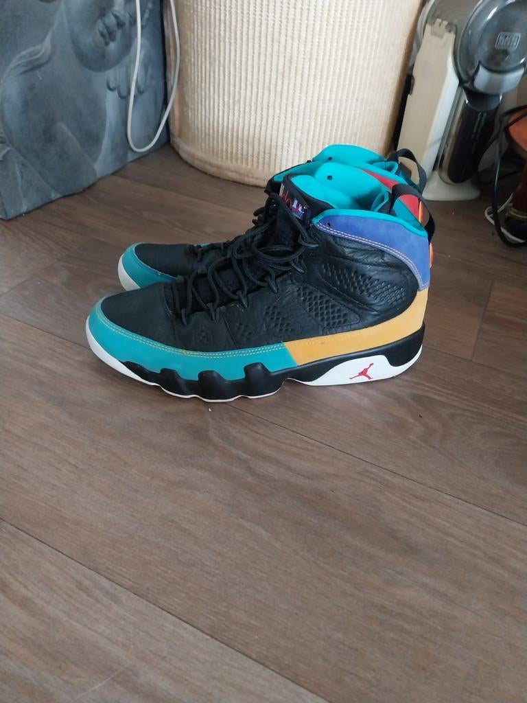 Jordan 9 Retro - Maat 45 - Zwart/Turquoise/Geel, Kleding | Heren, Schoenen, Zwart, Ophalen of Verzenden, Sneakers of Gympen, Gedragen