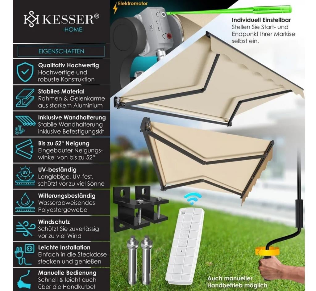 Elektrisch Zonnescherm (Bouwpakket) - 250x200cm, Ophalen, Nieuw, Knikarmscherm, Elektrisch