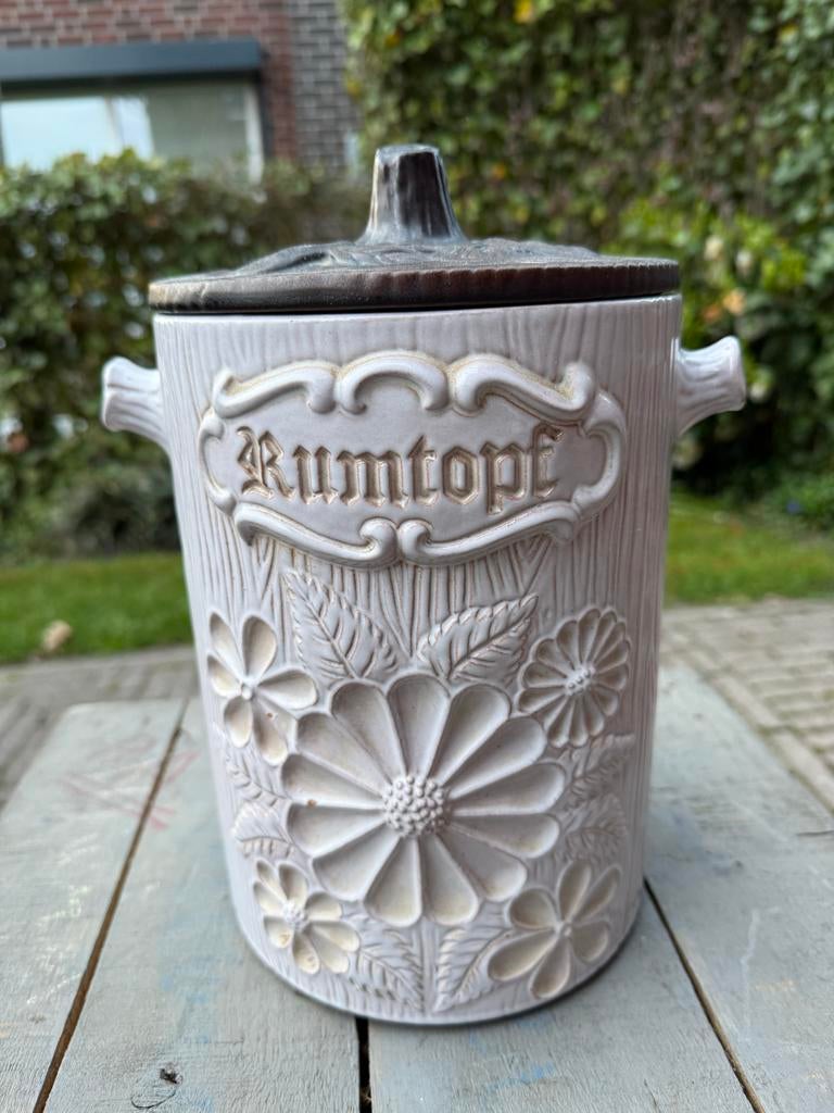 Vintage Rumtopf met bloemmotief en tinnen deksel, Ophalen