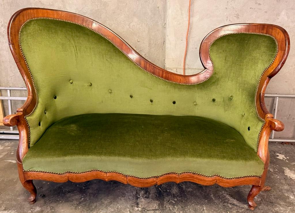 Vintage chaise longues bank - groen velours, Ophalen, Gebruikt, Hout, Minder dan 150 cm