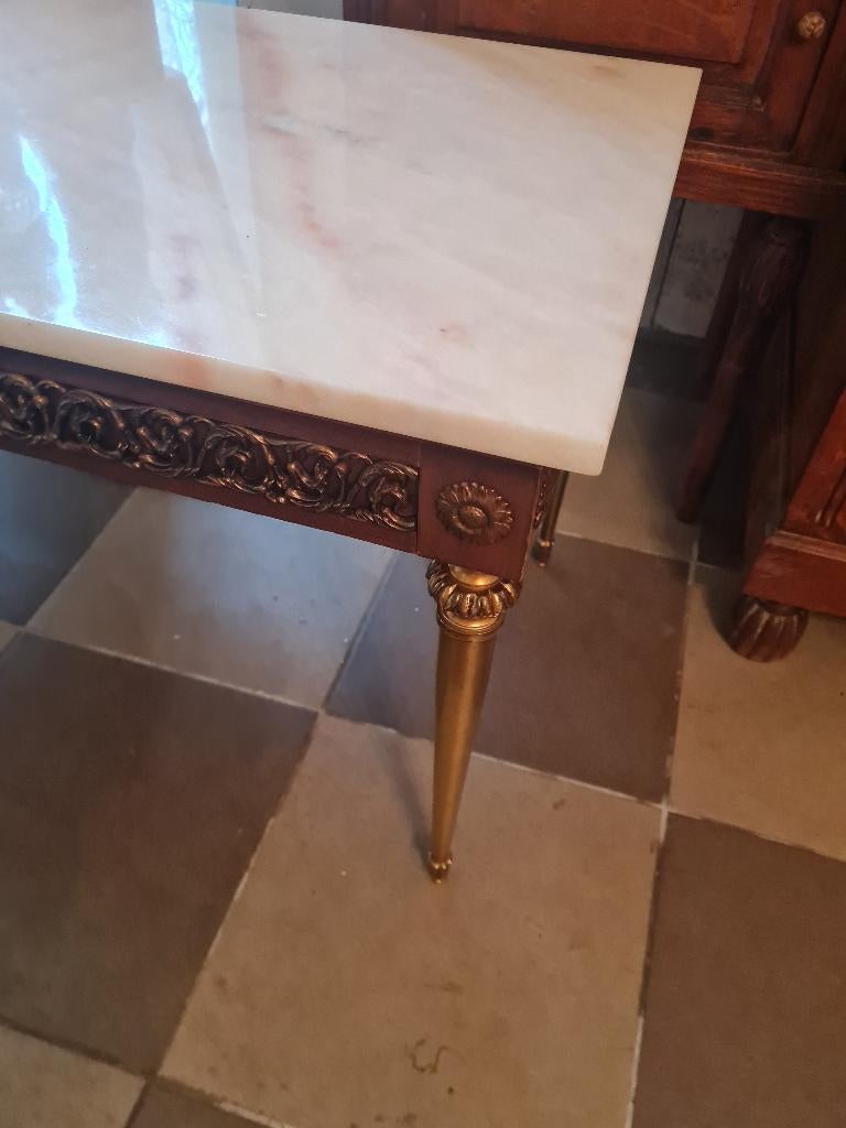 Vintage salontafel met onyxblad vuur vergulde poten, Ophalen, 100 tot 150 cm, Belle Vieille Brocante, Zo goed als nieuw