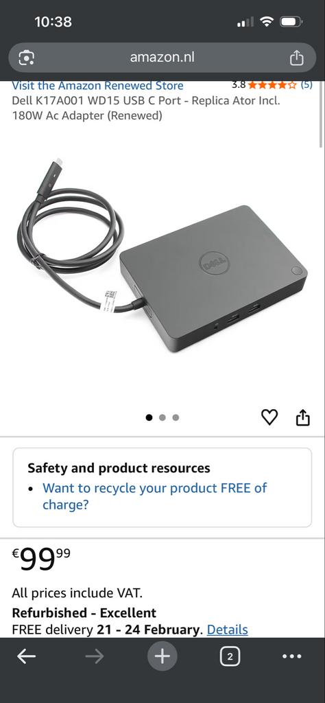 Dell Docking Station K17A001 WD15 USB C, Computers en Software, Dockingstations, Ophalen of Verzenden, Zo goed als nieuw, Docking station