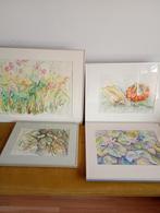 Vier ingelijste aquarellen: bloemen, waterlelies, pompoen, Ophalen