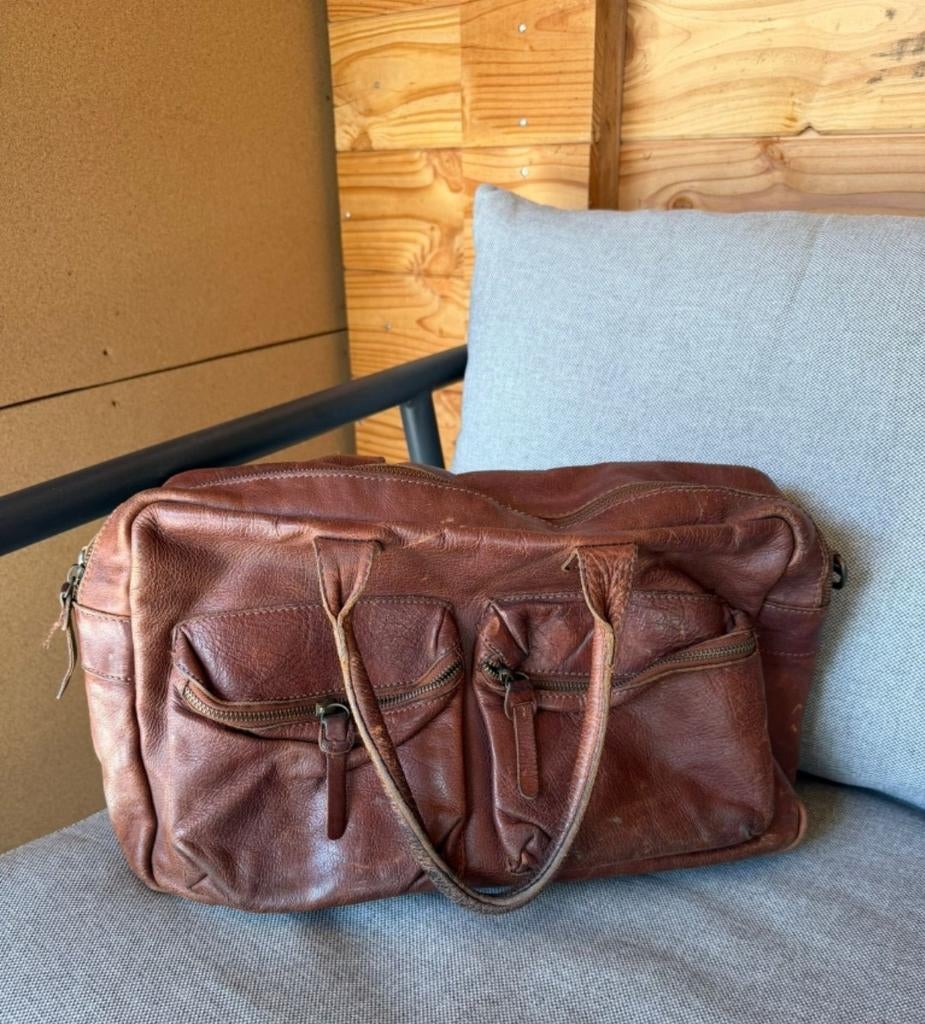 2x Cowboysbag leren handtas/schoudertas bruin en cognac k, Ophalen, Gebruikt, Bruin, Handtas