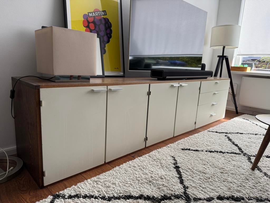 TV-meubel - vintage - hout & beige - 227 cm - uit 1970, Huis en Inrichting, Kasten | Dressoirs, Ophalen, Gebruikt, Met deur(en)