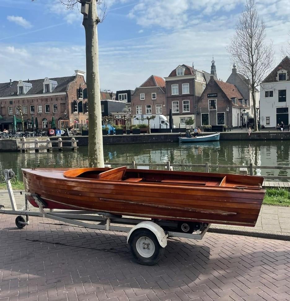 teakhouten sloep, Watersport en Boten, Sloepen, Zo goed als nieuw, Tot 10 pk, 3 tot 6 meter, Buitenboordmotor, Overige brandstoffen