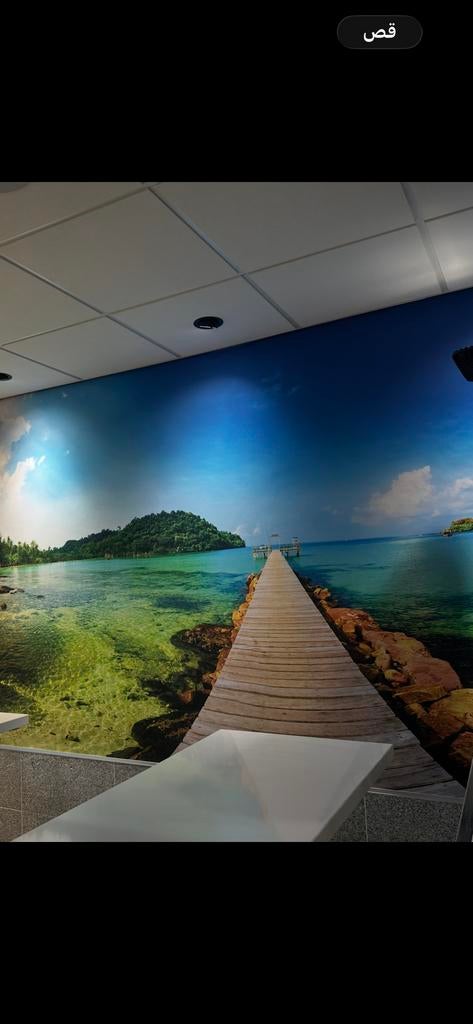 Fotobehang met tropisch eiland en steiger, Ophalen of Verzenden, Minder dan 10 m², Blauw