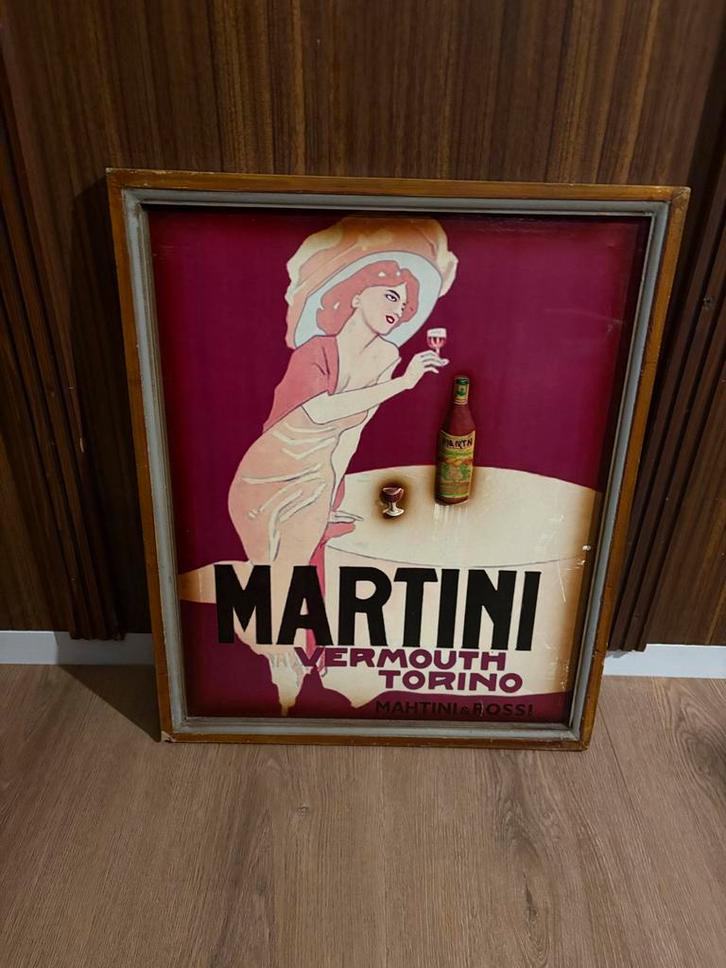 Vintage Martini Vermouth reclame in houten lijst, Verzamelen, Merken en Reclamevoorwerpen, Gebruikt, Reclamebord, Ophalen of Verzenden