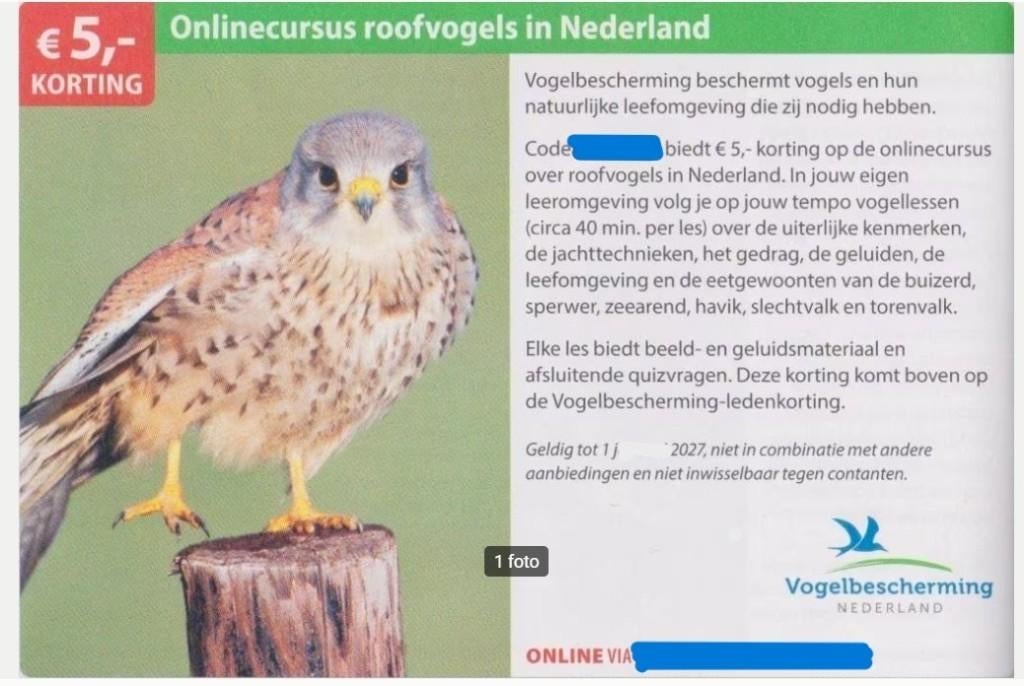 Onlinecursus roofvogels in Nederland €5,- korting, Eén persoon, Kortingsbon