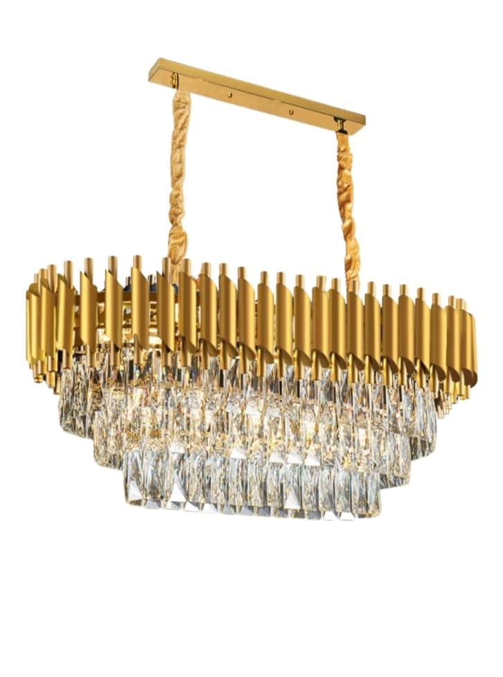 Gouden lange kroonluchter, Ophalen of Verzenden, Zo goed als nieuw, Rechthoekig