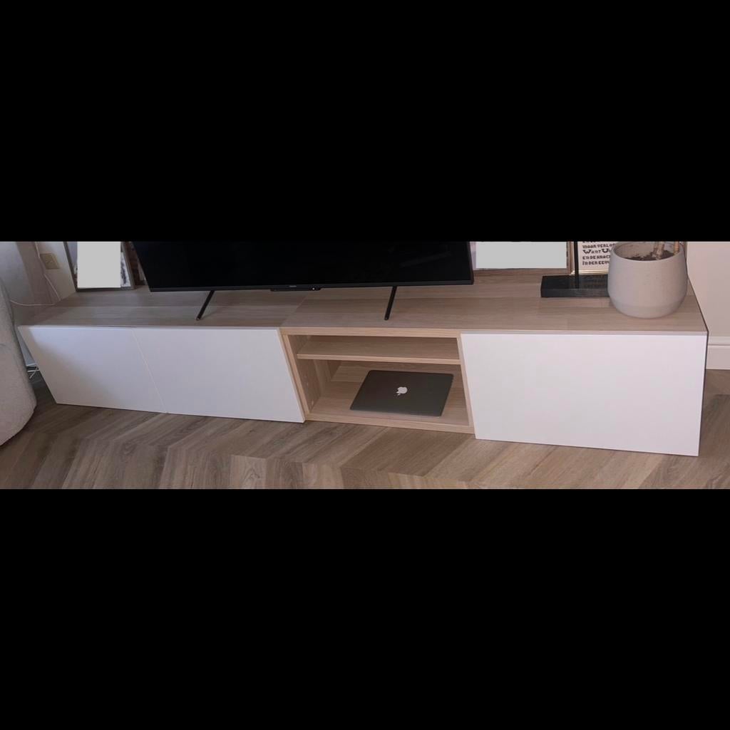 Tv meubel IKEA BESTA licht eiken met 3 witte deurtjes, Ophalen, Gebruikt, 200 cm of meer, Minder dan 100 cm