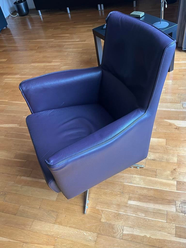 Paarse fauteuil (merlin), Ophalen of Verzenden, Gebruikt, Leer, 75 tot 100 cm