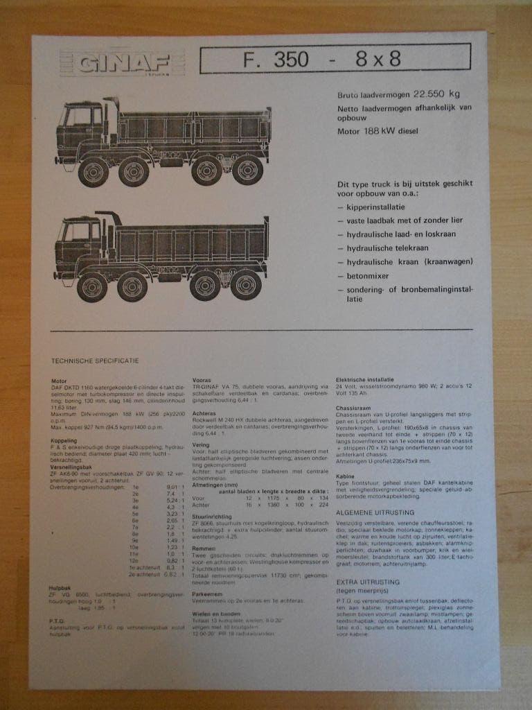 GINAF F350 8x8 Technische Specificatie folder 1980, Ophalen of Verzenden, Zo goed als nieuw, Overige merken, GINAF
