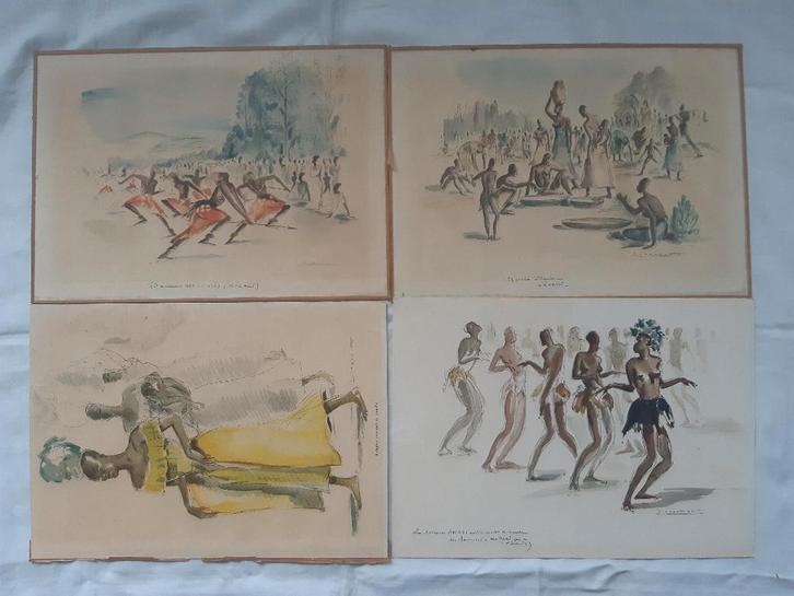 Paul Daxhelet 4x aquarel-litho's Afrikaanse tafereel Kongo, Antiek en Kunst, Kunst | Schilderijen | Klassiek, Ophalen of Verzenden