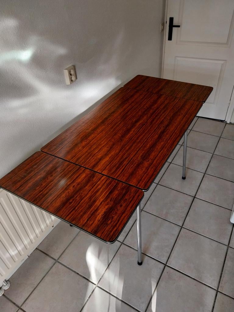 Tafel, uitschuifbare Vintage tafel, formica blad, brabantia., Ophalen, Kunststof, 100 tot 150 cm, 50 tot 100 cm