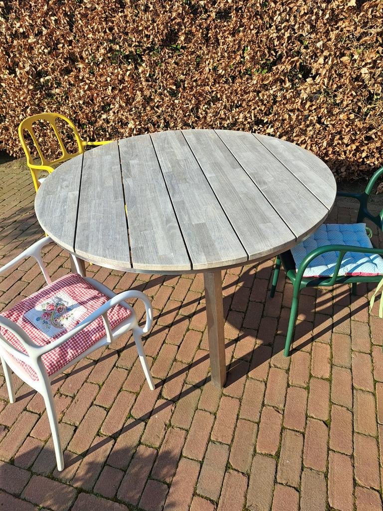 Ronde tuintafel Maison met RVS onderstel doorsnede 130 cm, Tuin en Terras, Ophalen of Verzenden, Gebruikt, Rond, Rvs