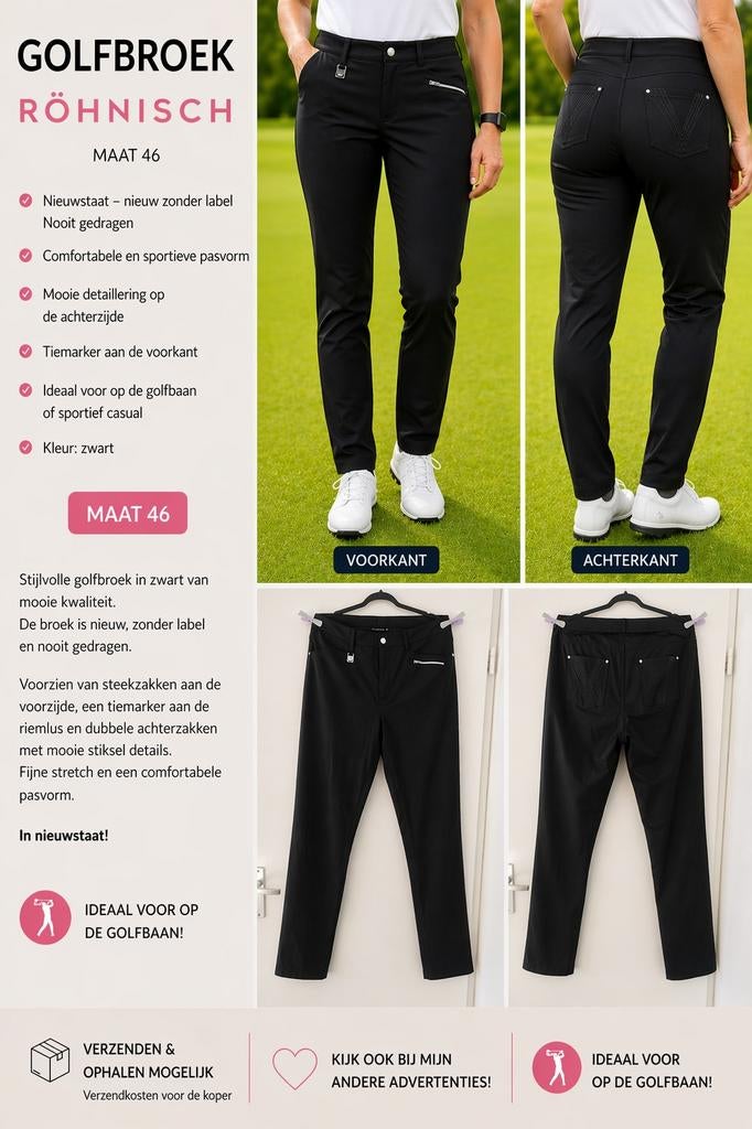 Röhnisch golfbroek maat 46 – zwart – nieuw zonder label, Zwart, Maat 46/48 (XL) of groter, Nieuw, Ophalen of Verzenden